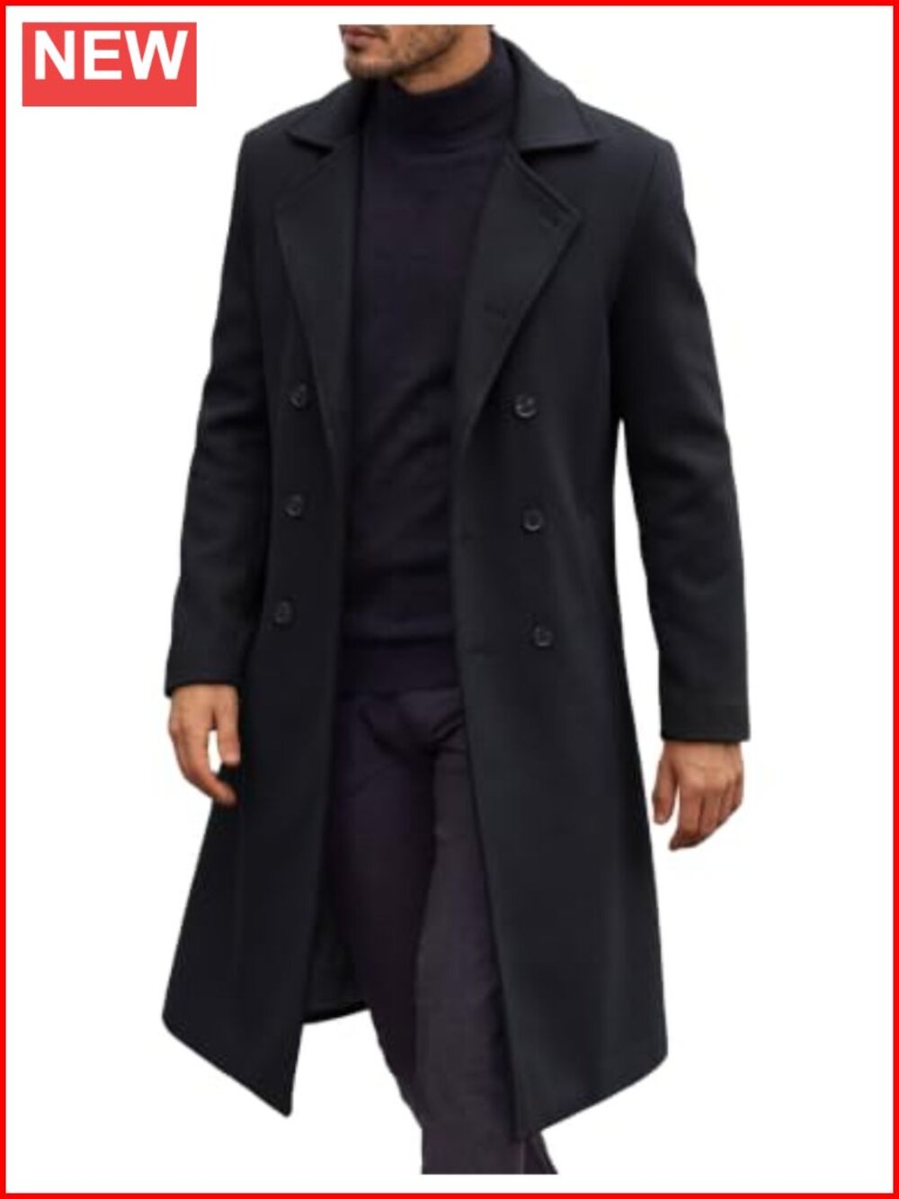 Men's Double Breasted Trench Coat Long Wool Blend Overcoat Winter